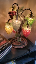 Vintage Art Nouveau Iron And Crystal Table Lamp With Multicolor Grape Shades