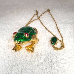 Vintage Enameled Frog Trinket Box & Small Green Frog Neclace
