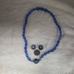 Costume Jewelry - Vintage Navy Blue Boho Beaded Necklace W/Blue Beaded Earings