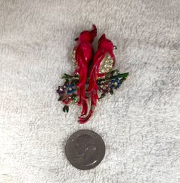 Costume Jewelry - Enameled Lovebird Pin W/Rhinestones