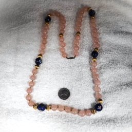 Costume Jewelry - Peach Colored Bead Necklace With Blue Beads