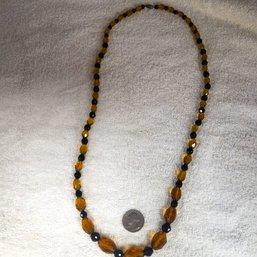 Costume Jewelry - Amber Colored Beaded Necklace W/Black Beads