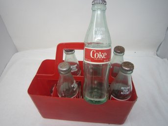 Coke Plastic Caddy And Vintage Bottles