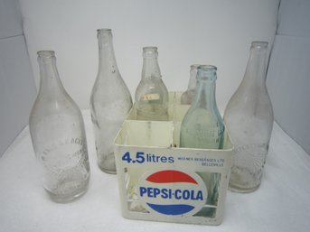 Pepsi Cola Caddy And 6 Vintage Bottles