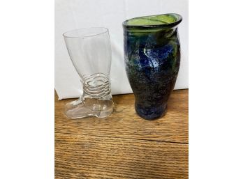 Fun Glass Lot Of Two - Boot And Vase