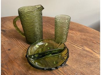 Anchor Hocking Vintage Pitcher And Glass With Gorgeous Green Dish