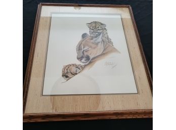 Guy Coheleach Framed Cougar & Cubs Lithograph, Signed In Oak Wood Frame