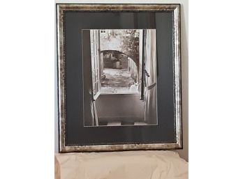 Picture Of Cat Looking In Window Framed In Silver And Black Frame (26x22).