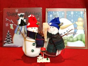Christmas Snowman Group: 2 Hanging Signs, 2 Soft Snowman Decor & 1 Wood Tree Ornament - 5 Pcs