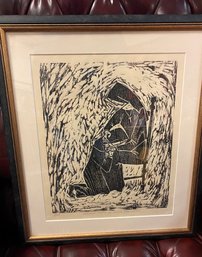 Signed Woodblock Print Of 'Seated  Nun', Framed