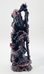 Antique Chinese Carved Wood Sculpture, God Of Logenvity, Signed.