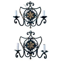 Pair Of Italian Wall Sconces With Metal Gilt Accents