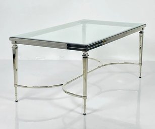 French Style Coffee Table, Polished Nickel With Glass Top.