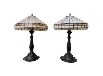 Tiffany Style Table Lamps In Bronze & Stained Glass