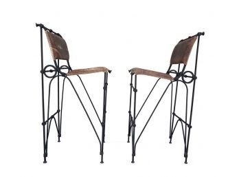 Set Of 2 Iron & Leather Barstools By Ilana Goor