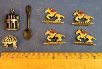 Mixed Lot 4 Enameled Jockey Horse Game Pieces, Erk Aluminum Stand, Tortoise Shell Spoon, Bird Cage