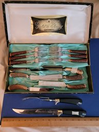 Mixed Lot Carving Knife, Skewer And Six Forks And Six Knives. Good Condition