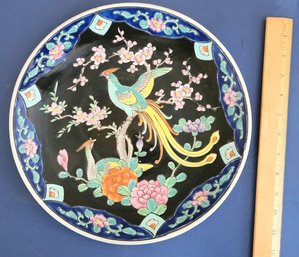 12 Inch Famille Noir Plate With Male And Female Asian Pheasants, Cherry Blossoms, Carnations Etc.