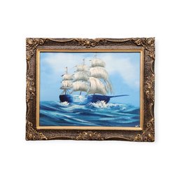 Vintage Painting Of Ship At Sea - Oil On Canvas - Signed