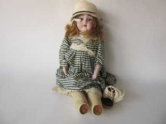Antique Bisque-head Doll In Blue Gingham