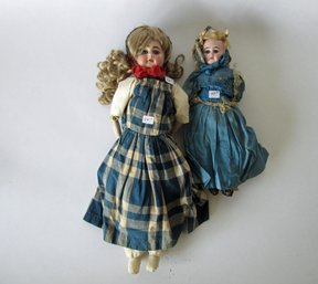2 Antique Bisque-Head Dolls Blue Dresses