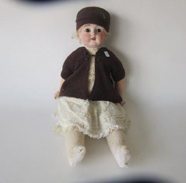 Antique Blonde Bisque-Head Doll In Brown Cape