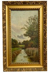 Antique Oil Painting Of Landscape On Board Signed Mina