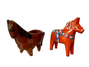 Painted Wood And Ceramic Swedish Finn Horse Lot