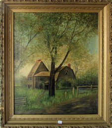 Primitive Oil Painting On Canvas Landscape With House