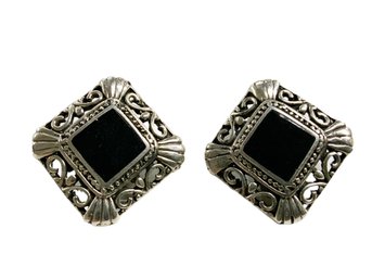 Onyx And Sterling Clip Earrings