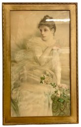 Large Framed Antique Victorian Print Of Woman