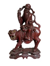 Antique Wooden Chinese Statue Wise Man On Tiger Fukurokuju?
