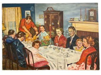 Large Oil Painting Of Muddy-Face Family Dinner On Canvas