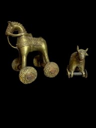 Pair Of Antique Metal Rolling Horse & Bull Toys