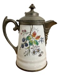 Antique Enamel And Pewter Floral Pitcher