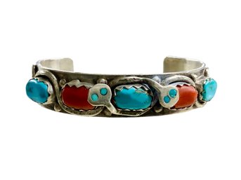 Effie Calavaza Zuni Sterling, Turquoise And Coral Cuff Bracelet