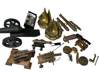 Lot Of Brass Cannons, Sailboat Bookends And Other Smalls