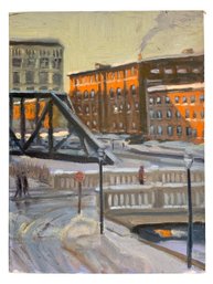 Rocky Neck Artist Stephen LaPierre Oil Painting Of City In Winter