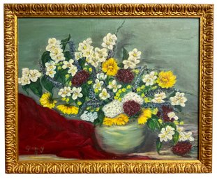 Vintage Floral Oil Painting On Canvas Signed Glancy