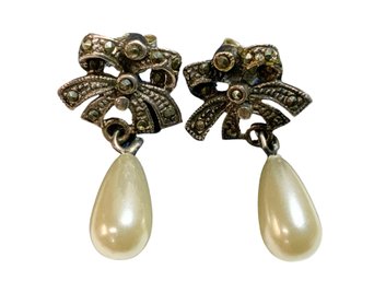 Sterling And Marcasite Vintage Post Faux Pearl Earrings