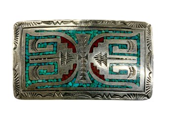 Sterling Native American ? Turquoise And Coral Old Pawn Belt Buckle Signed