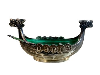 Sterling Silver And Enamel Viking Salt Dish And Spoon