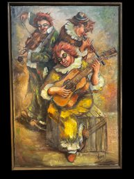 Large Oil Painting Of Clown Musicians Signed By Artist