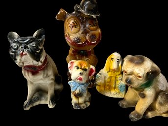 Five VTG/antique Chalkware Dogs