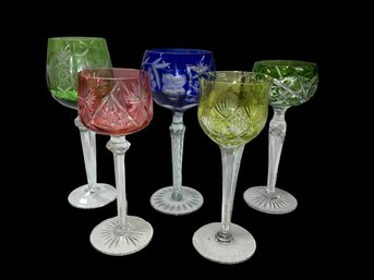 Five Czech Bohemian Cut To Clear Crystal Goblets