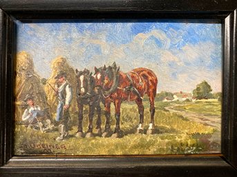 Pair Of European Oil On Wooden Panel Farming  Peasant Scenes Signed