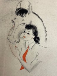 Vintage  Pen & Ink Sketch Of Woman & Horse Could Be Used As Tattoo Flash