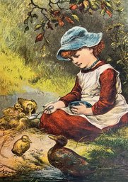 Lot Of Antique Colored Lithograph Childrens Book Illustrations Kittens Ducks Etc