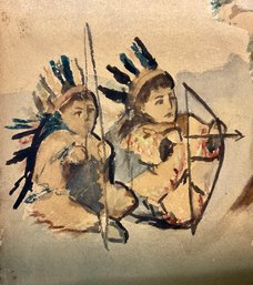 Antique Folk Art Watercolor Scene Of Children In Traditional Native American Dress And Teepee