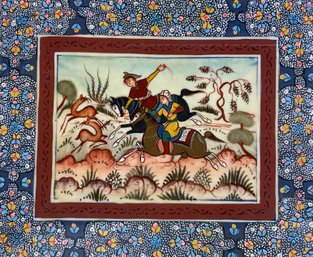 Vintage Middle Eastern Primitive Style Painting Hunt Scene On Celluloid Park West Galleries Label